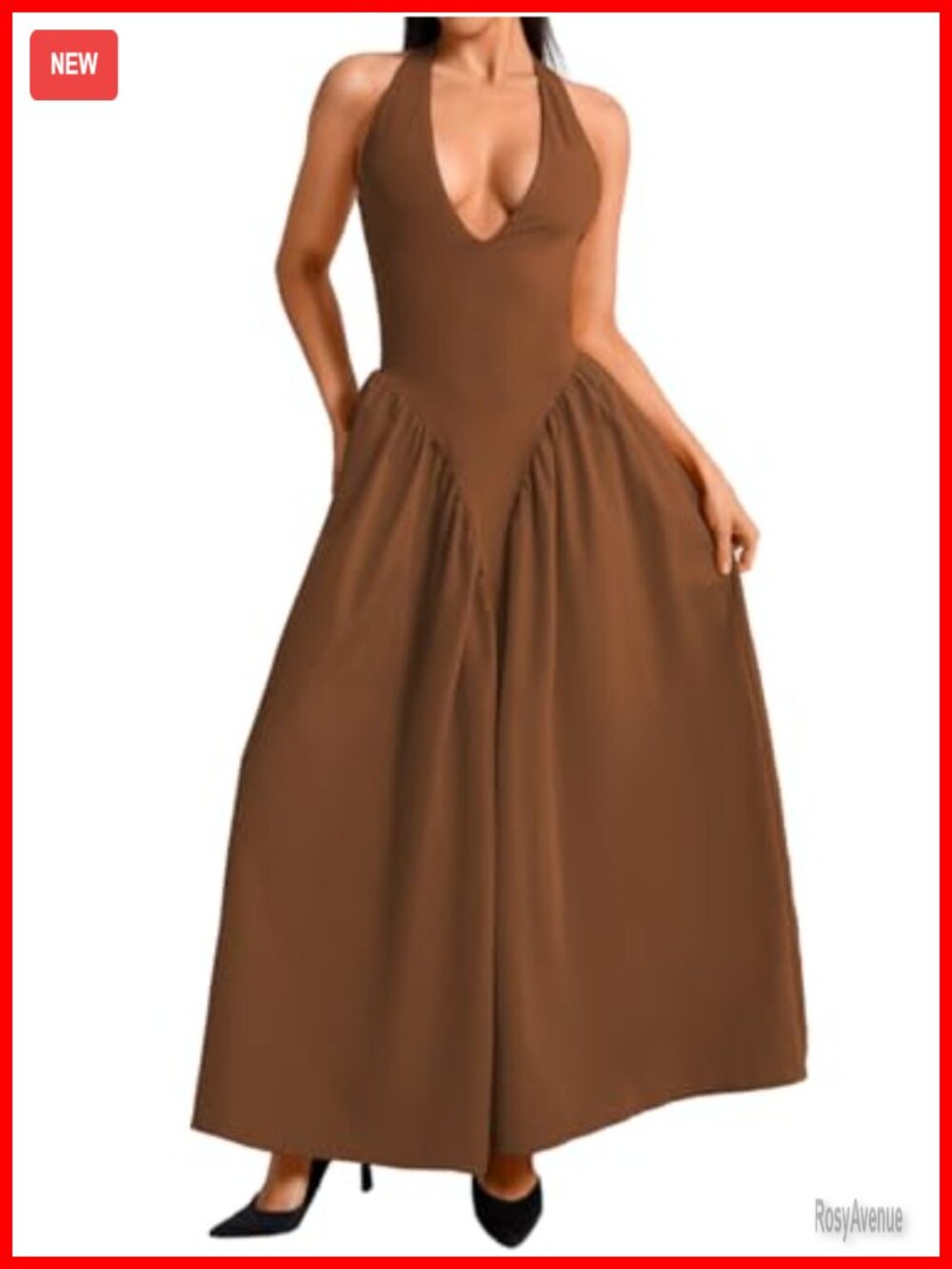 Deep V Neck Halter Maxi Dress Layered Bow A-Line Sleeveless Semi Formal